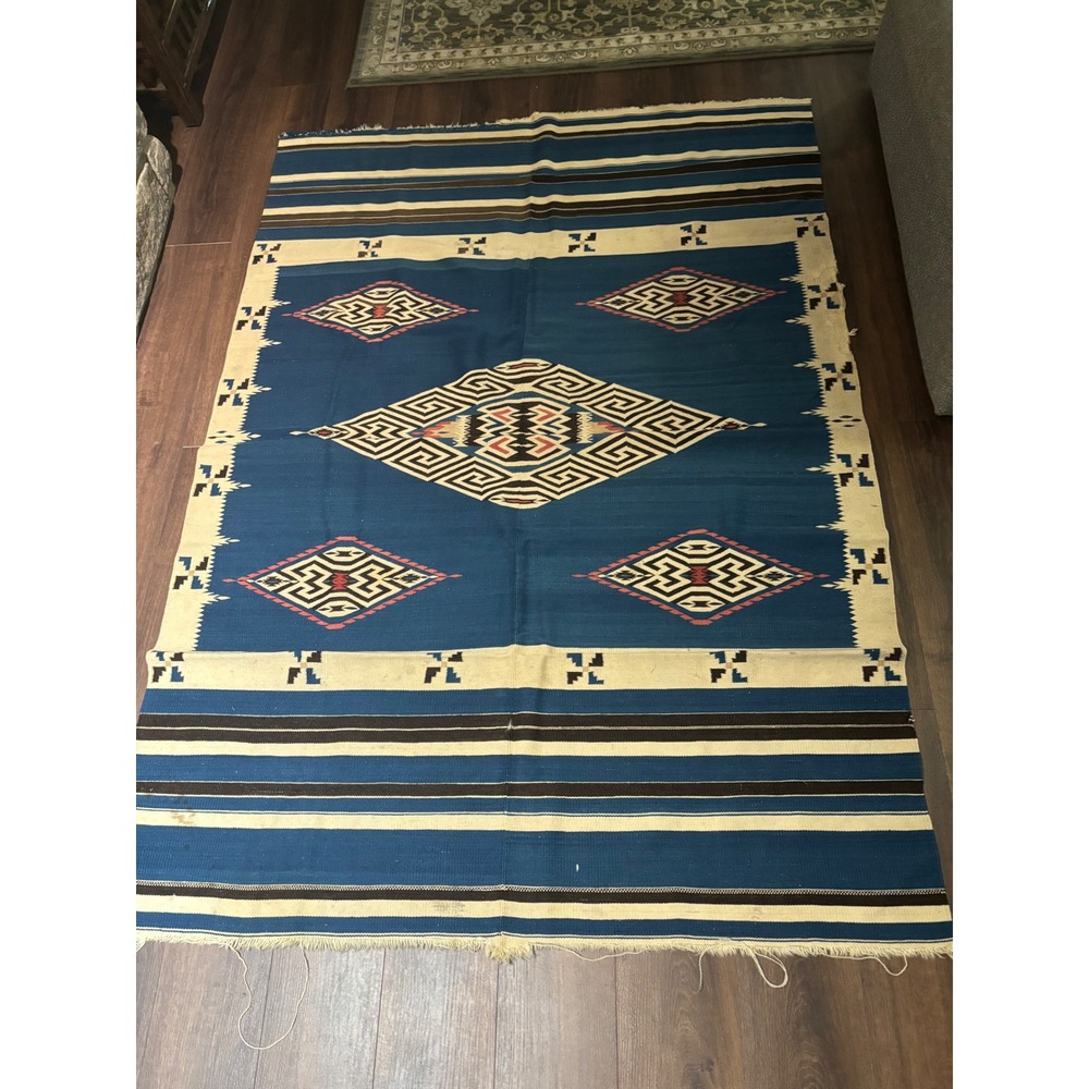 Vintage Southwestern Handwoven Flatweave Rug Blue Geometric Tribal Diamond 4x6.5